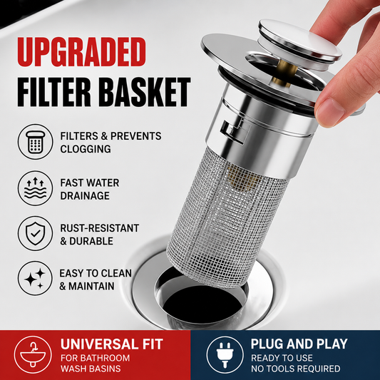 JOMOO Push-Button Pop-Up Bathroom Sink Drain Stopper – Universal Wash Basin Drain Core with Anti-Odor, Anti-Clog Filter Basket