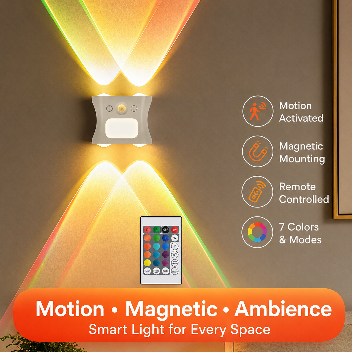 Dimmable Motion Sensor Magnetic Wall Light – Wireless RGB Ambient Lamp