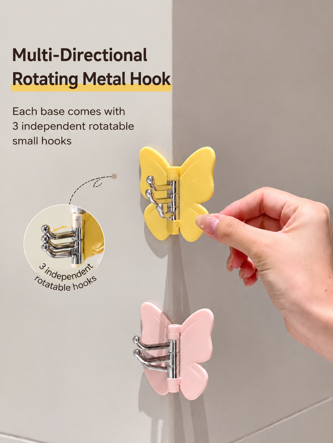Butterfly Triple Hook, No-Drill Adhesive Wall Hook
