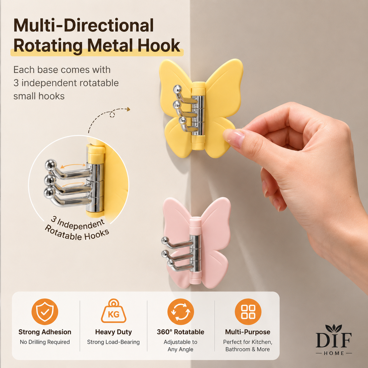 Butterfly Triple Hook, No-Drill Adhesive Wall Hook