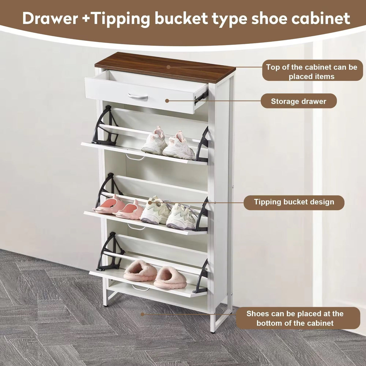 Modern Slim Shoe Cabinet with Drawer & 3 Flip Door Design