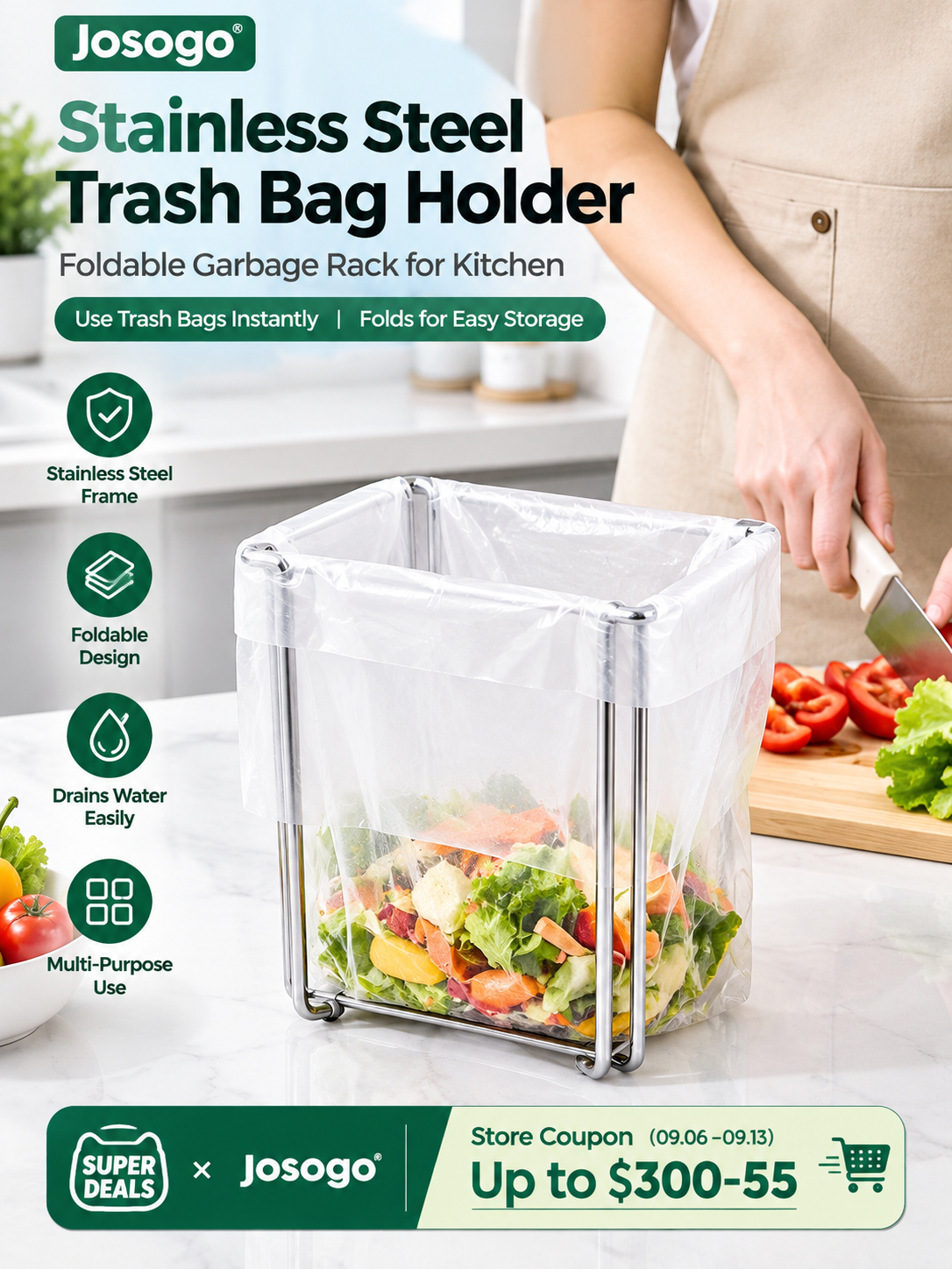 Stainless Steel Kitchen Trash Bag Holder – Multi-Functional Countertop Waste Rack