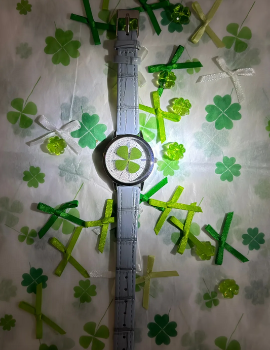 Cottagecore Lucky Clover Specimen Watch – Handmade Vintage Wristwatch, Lucky Gift Accessory