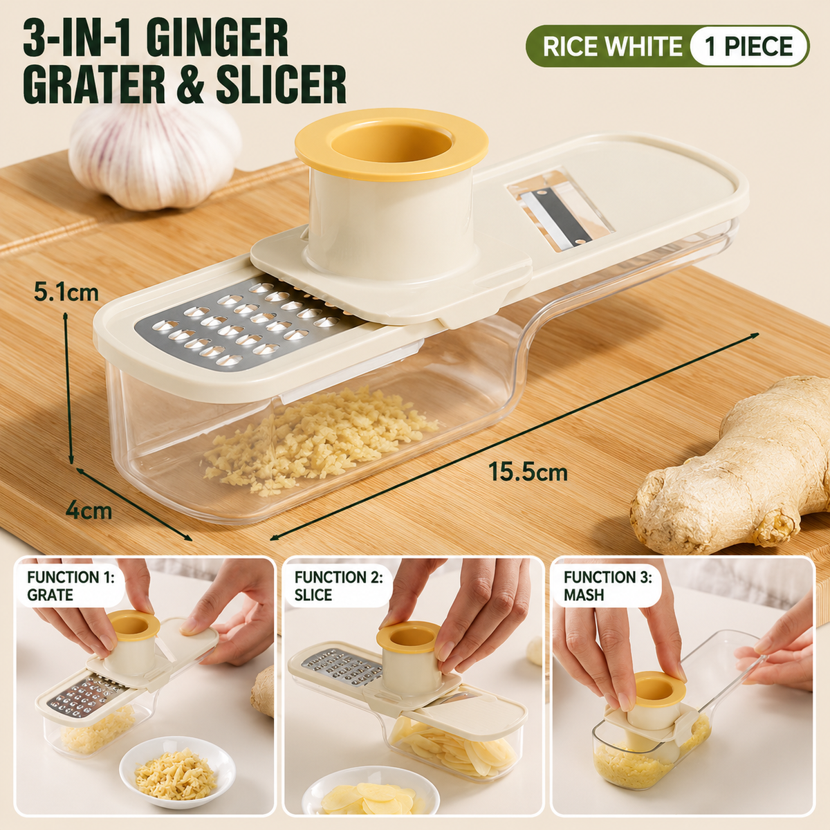 3-in-1 Garlic Press, Grater & Slicer – Stainless Steel Ginger & Garlic Tool