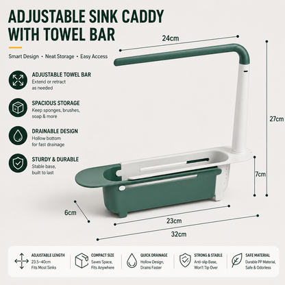 Expandable Sink Organizer Rack, Drain Basket & Water Filter